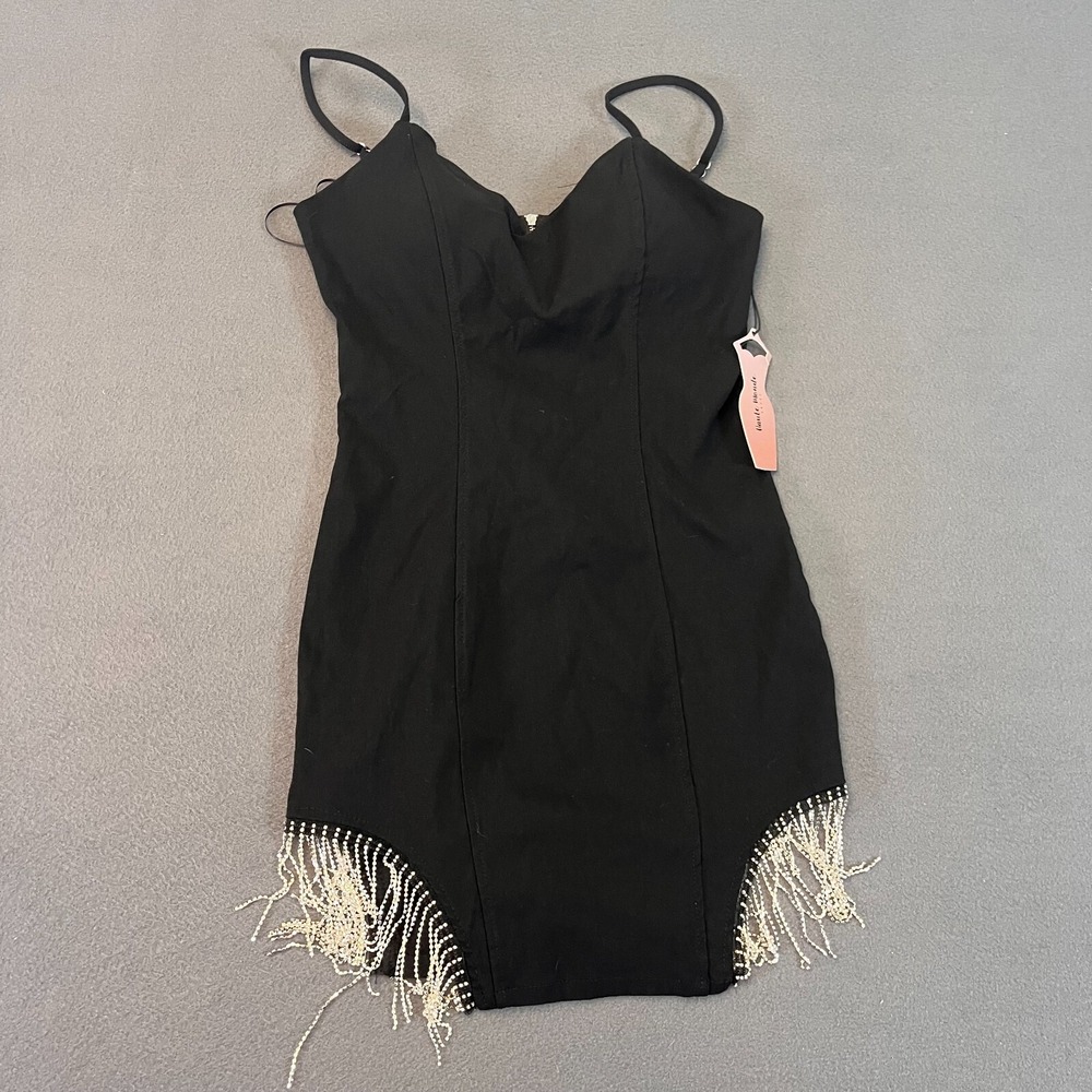 Haute Monde‎ Mini Party Dress Black Cocktail Size Med Bodycon Rhinestone Fringe